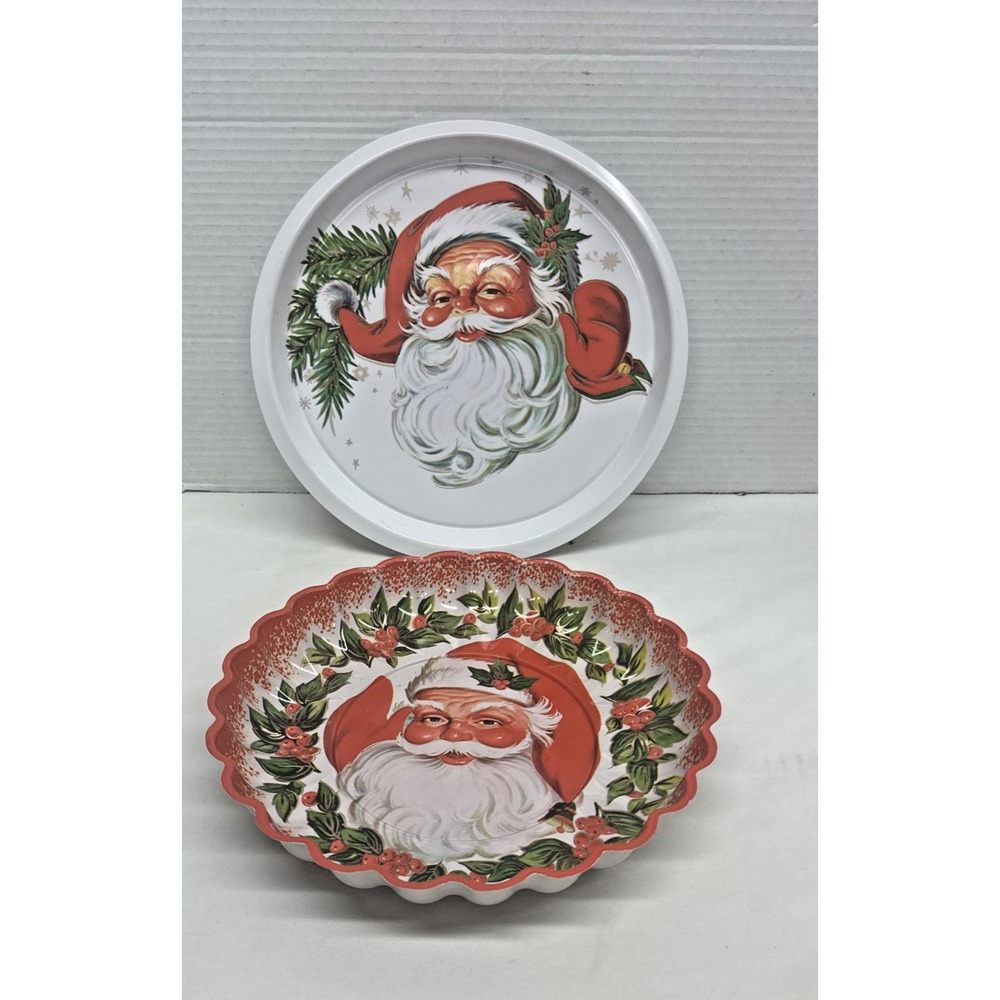 2 Vintage Plastic Santa Claus Face with holly Plates Round 10" scalloped round 8